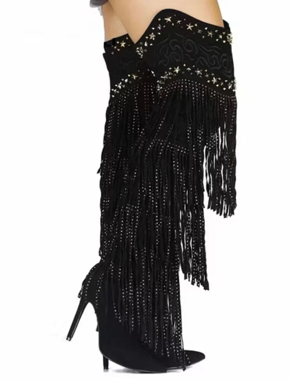 Cape Robbin Black Fringe Over-the-Knee Stiletto Boots with Gold Studs